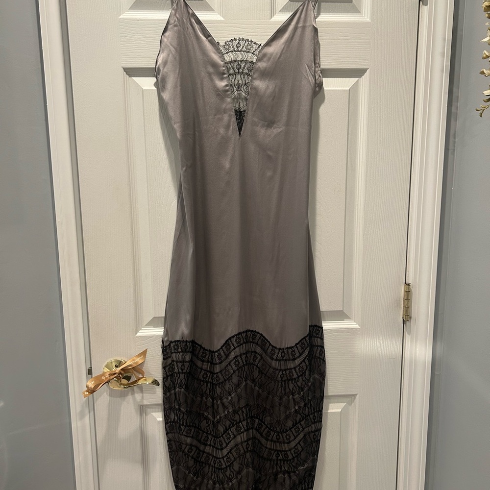 Elegant Gray Silk and Black Lace Slip Dress